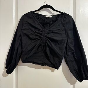 Mango Black Puff Sleeve Ruched Crop Blouse